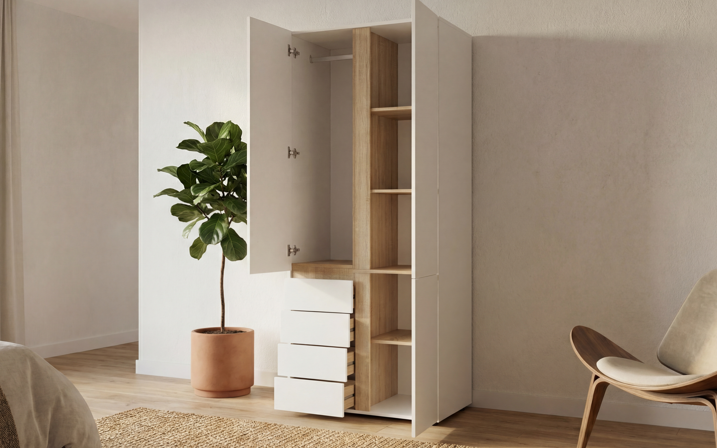 Double-winged wardrobe with drawers Omonia M 1, white + Sonoma oak  3